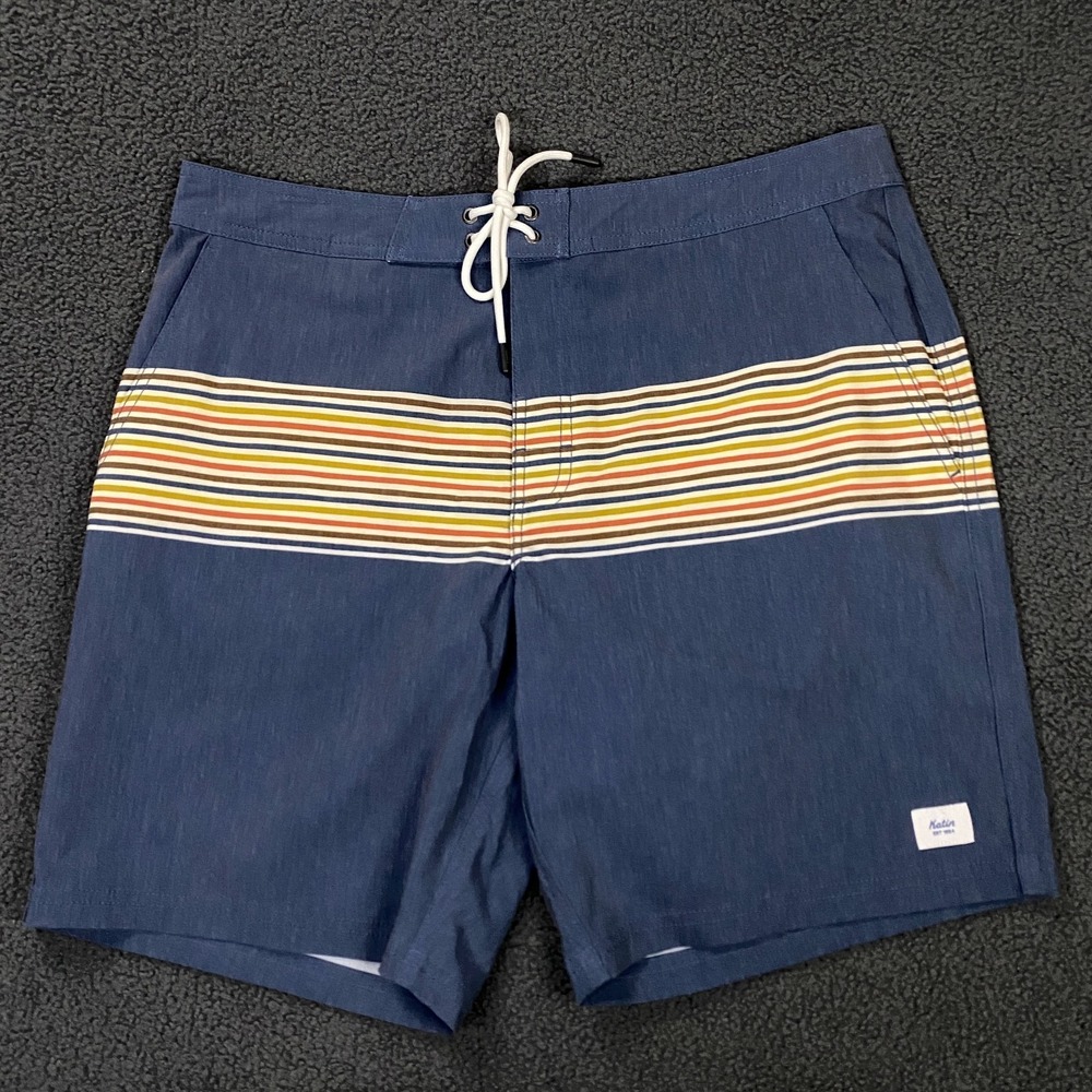 Katin Roam Hybrid Trunk Mens 32 Blue Striped Stretch Board Shorts Swim NWT